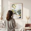 Framed New River Gorge National Park Watercolor Wall Art - In Living Room with Woman Looking at it - Portrait