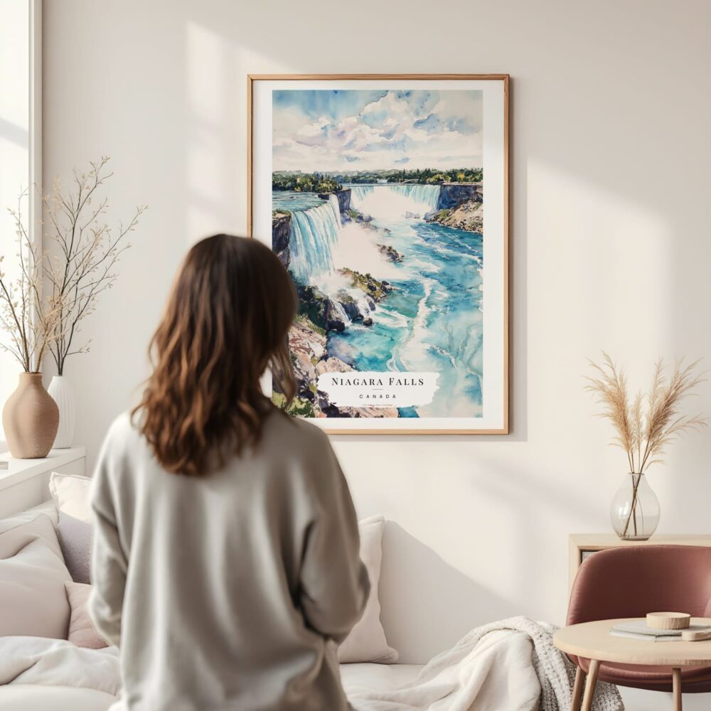 Framed Niagara Falls Watercolor Wall Art - In Living Room with Woman Looking at it - Portrait Framed Niagara Falls Watercolor Wall Art - In Living Room with Woman Looking at it - Portrait