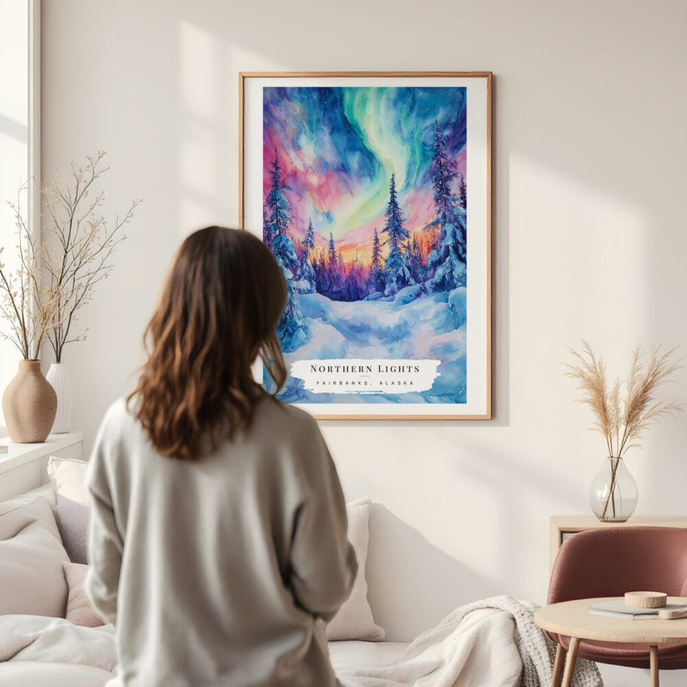 Framed Northern Lights Fairbanks Alaska Watercolor Wall Art - In Living Room with Woman Looking at it - Portrait Framed Northern Lights Fairbanks Alaska Watercolor Wall Art - In Living Room with Woman Looking at it - Portrait