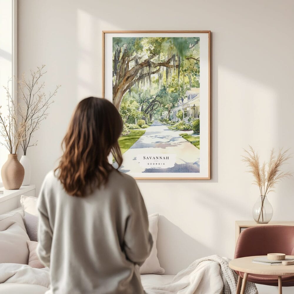 Framed Savannah Georgia Watercolor Wall Art - In Living Room with Woman Looking at it - Portrait Framed Savannah Georgia Watercolor Wall Art - In Living Room with Woman Looking at it - Portrait