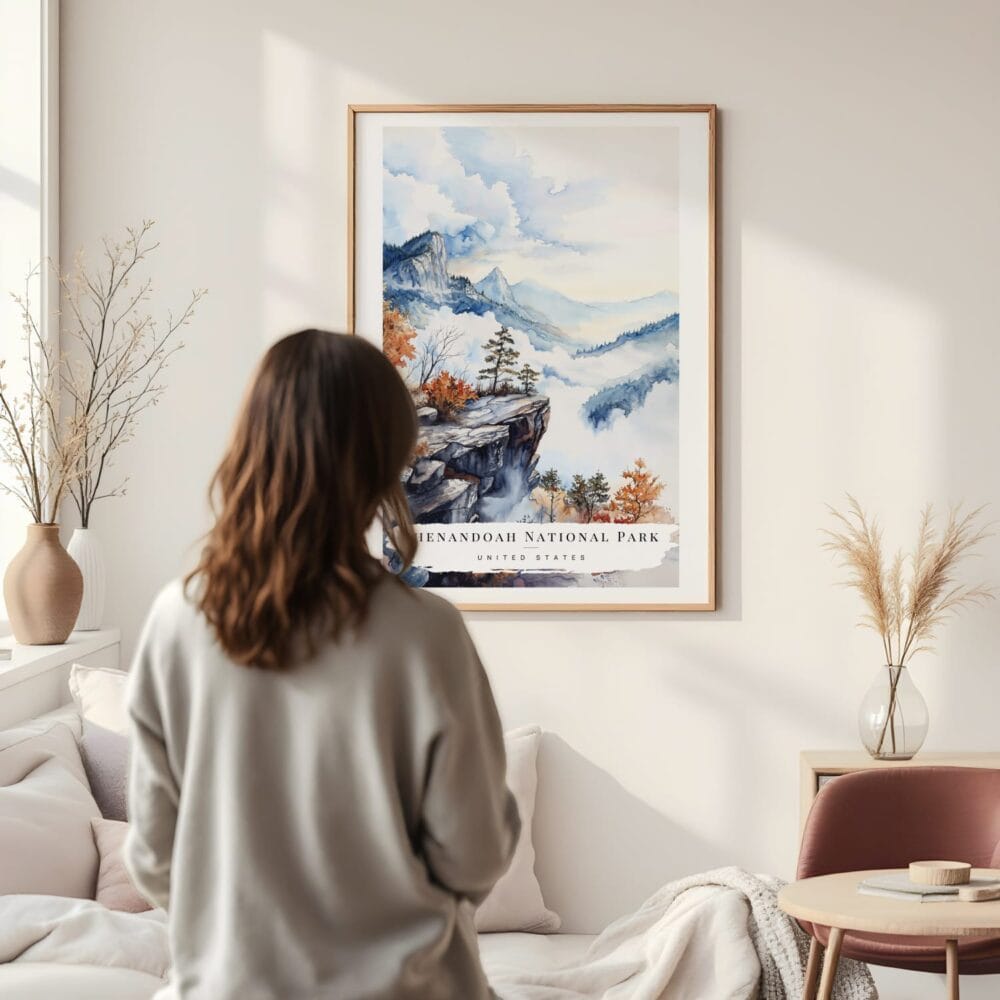 Framed Shenandoah National Park Watercolor Wall Art - In Living Room with Woman Looking at it - Portrait Framed Shenandoah National Park Watercolor Wall Art - In Living Room with Woman Looking at it - Portrait