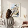 Framed Torrey Pines San Diego Watercolor Wall Art - In Living Room with Woman Looking at it - Portrait