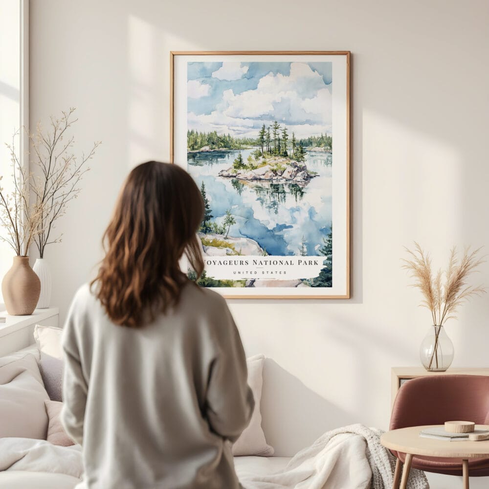 Framed Voyageurs national park Watercolor Wall Art - In Living Room with Woman Looking at it - Portrait Framed Voyageurs national park Watercolor Wall Art - In Living Room with Woman Looking at it - Portrait