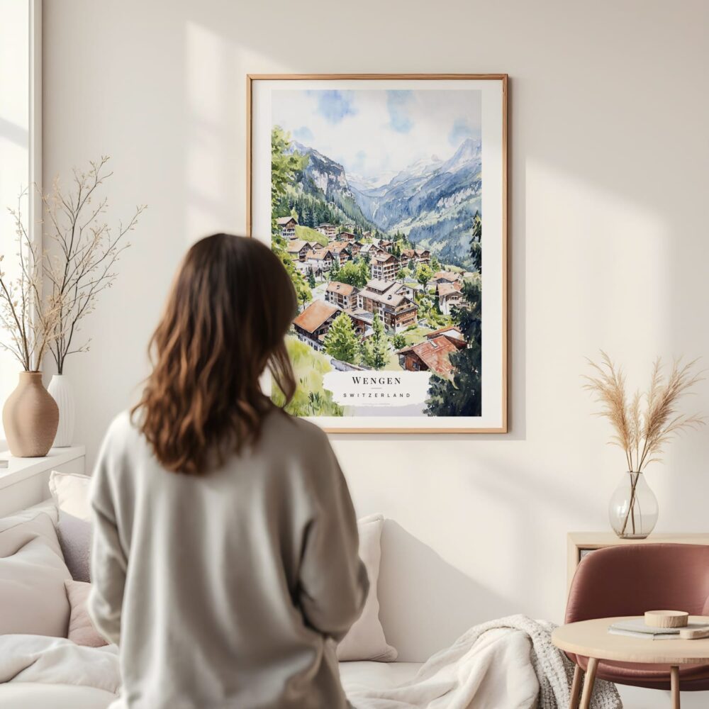 Framed Wengen Switzerland Watercolor Wall Art - In Living Room with Woman Looking at it - Portrait Framed Wengen Switzerland Watercolor Wall Art - In Living Room with Woman Looking at it - Portrait
