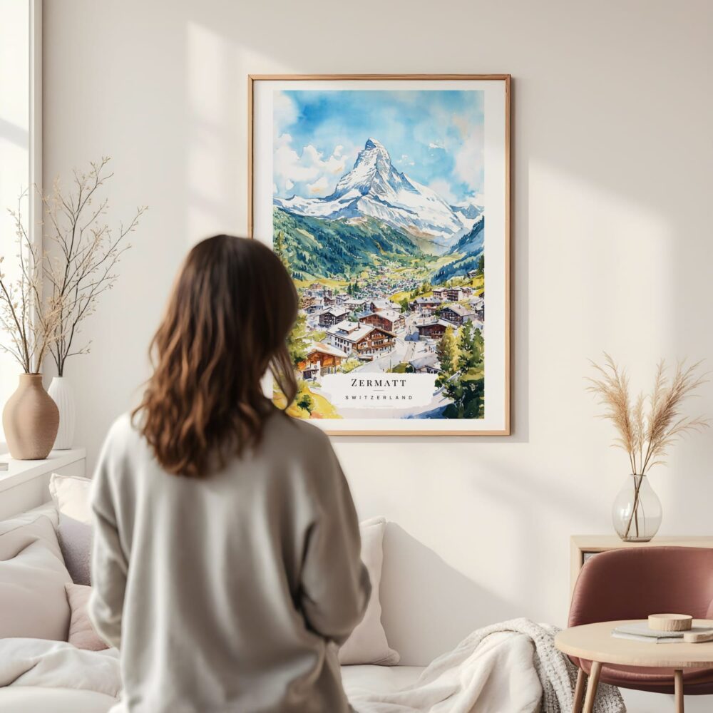 Framed Zermatt Switzerland Watercolor Wall Art - In Living Room with Woman Looking at it - Portrait Framed Zermatt Switzerland Watercolor Wall Art - In Living Room with Woman Looking at it - Portrait