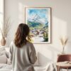 Framed Zermatt Switzerland Watercolor Wall Art - In Living Room with Woman Looking at it - Portrait