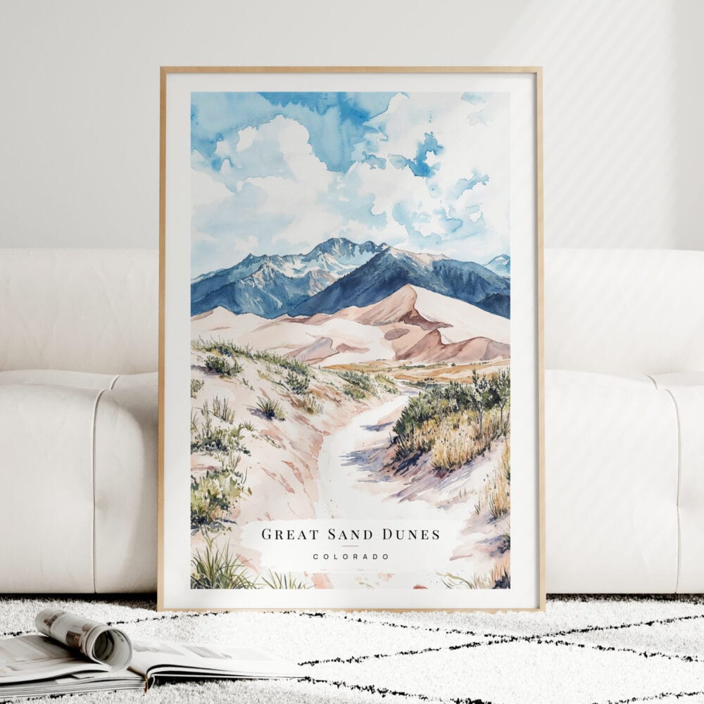 Great Sand Dunes Colorado Watercolor Art Print - Wood Frame standing on Floor Great Sand Dunes Colorado Watercolor Art Print - Wood Frame standing on Floor