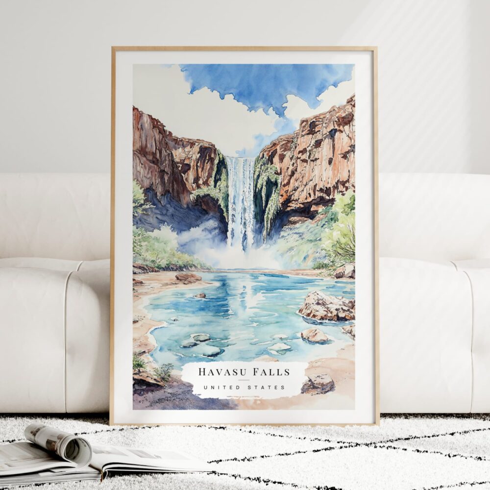 Havasu Falls Watercolor Art Print - Wood Frame standing on Floor Havasu Falls Watercolor Art Print - Wood Frame standing on Floor