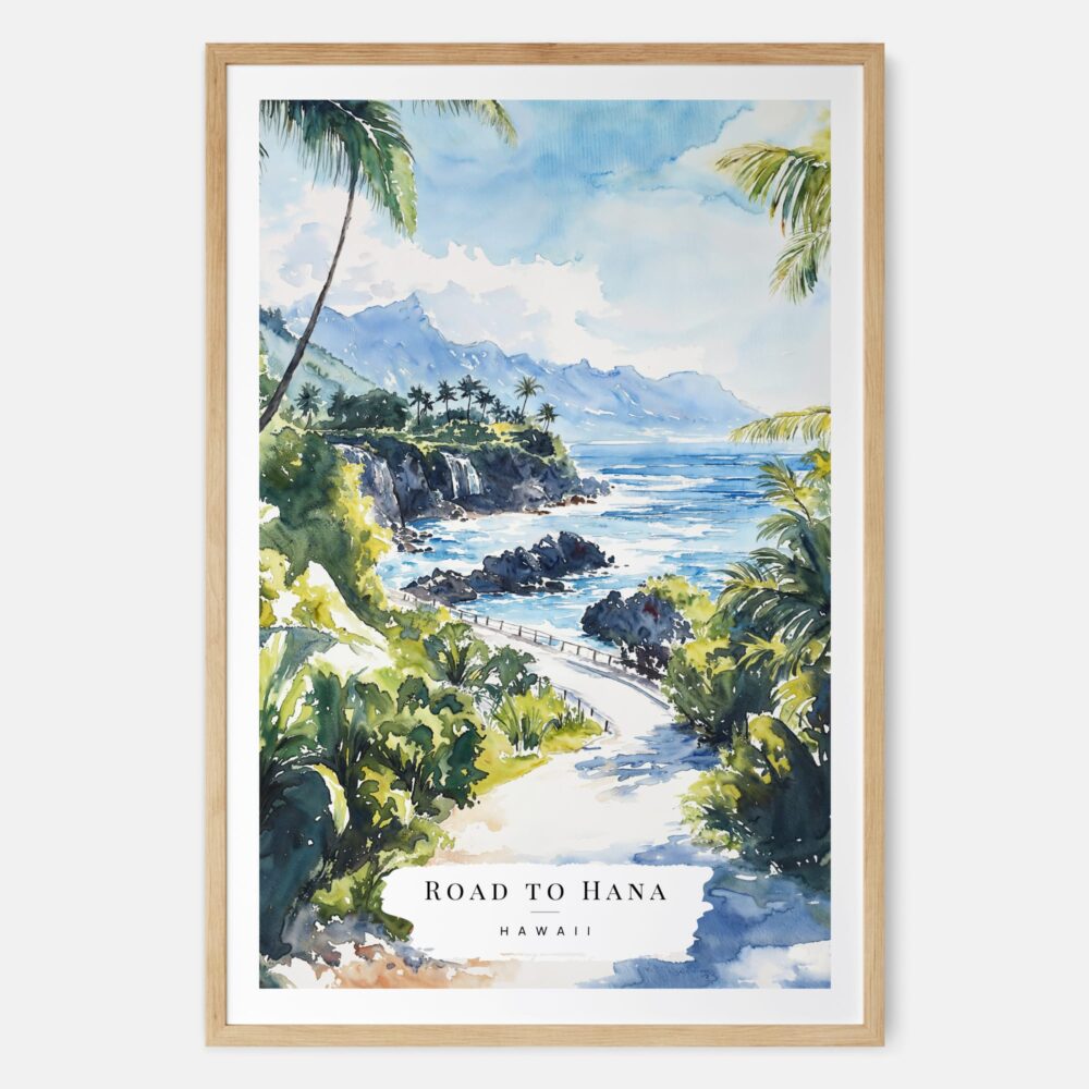 Hawaii Road to Hana Watercolor Art Print - Main - Wood Frame