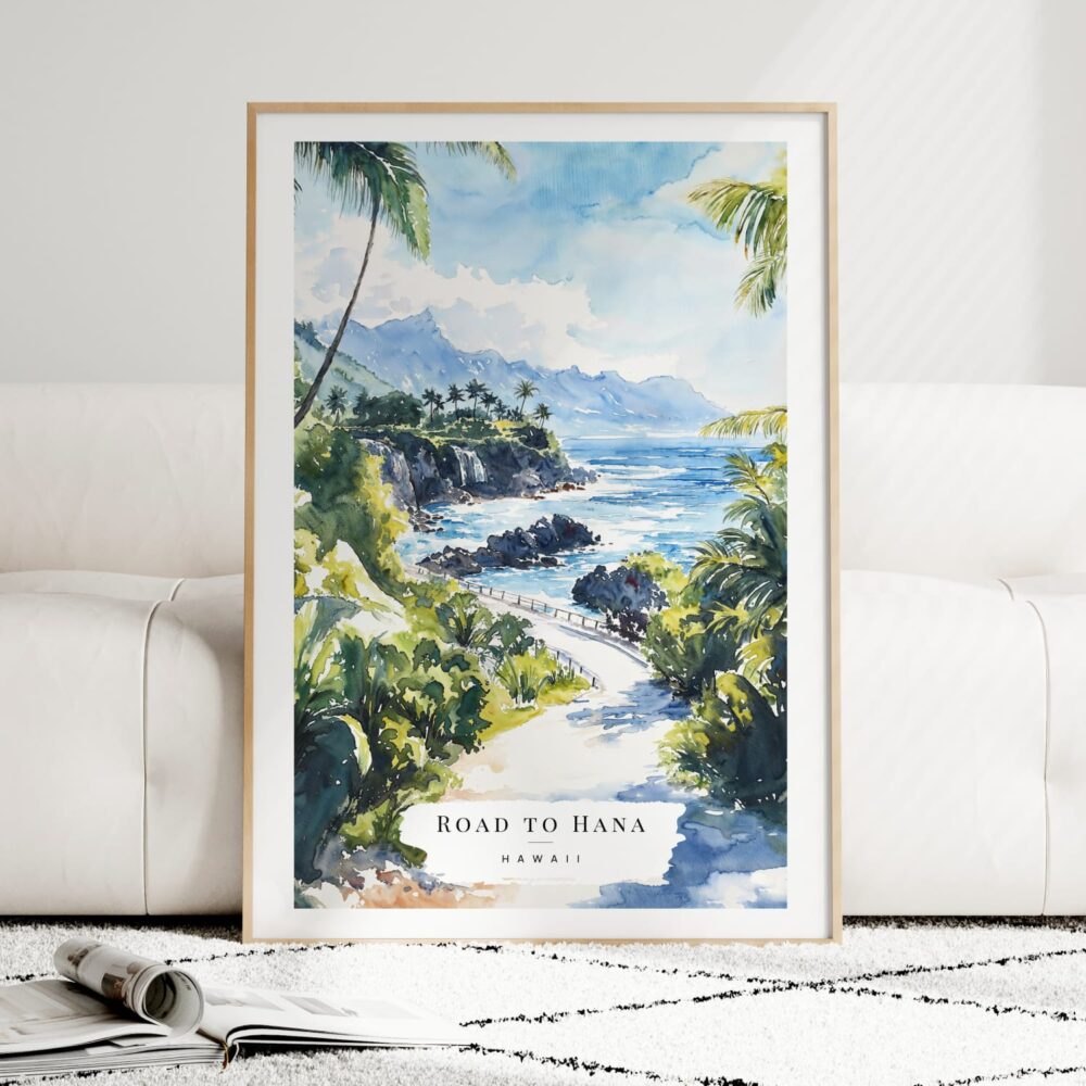 Hawaii Road to Hana Watercolor Art Print - Wood Frame standing on Floor Hawaii Road to Hana Watercolor Art Print - Wood Frame standing on Floor