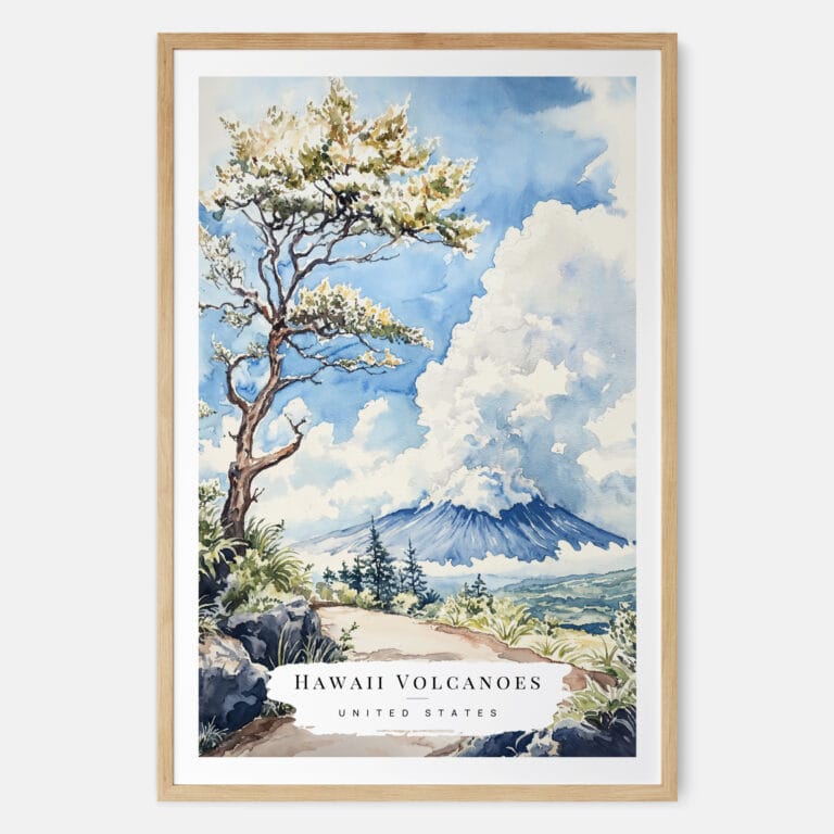 Hawaii Volcanoes National Park Watercolor Art Print - Main - Wood Frame