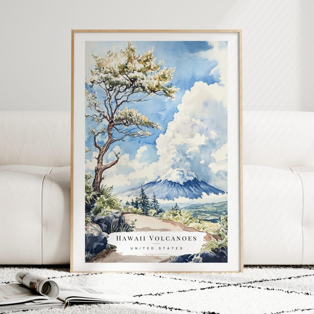 Hawaii Volcanoes National Park Watercolor Art Print - Wood Frame standing on Floor Hawaii Volcanoes National Park Watercolor Art Print - Wood Frame standing on Floor