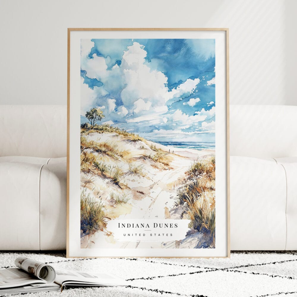 Indiana Dunes National Park Watercolor Art Print - Wood Frame standing on Floor Indiana Dunes National Park Watercolor Art Print - Wood Frame standing on Floor
