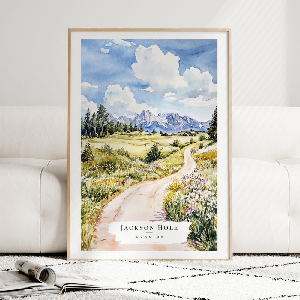 Jackson Hole Nature Watercolor Art Print - Wood Frame standing on Floor Jackson Hole Nature Watercolor Art Print - Wood Frame standing on Floor