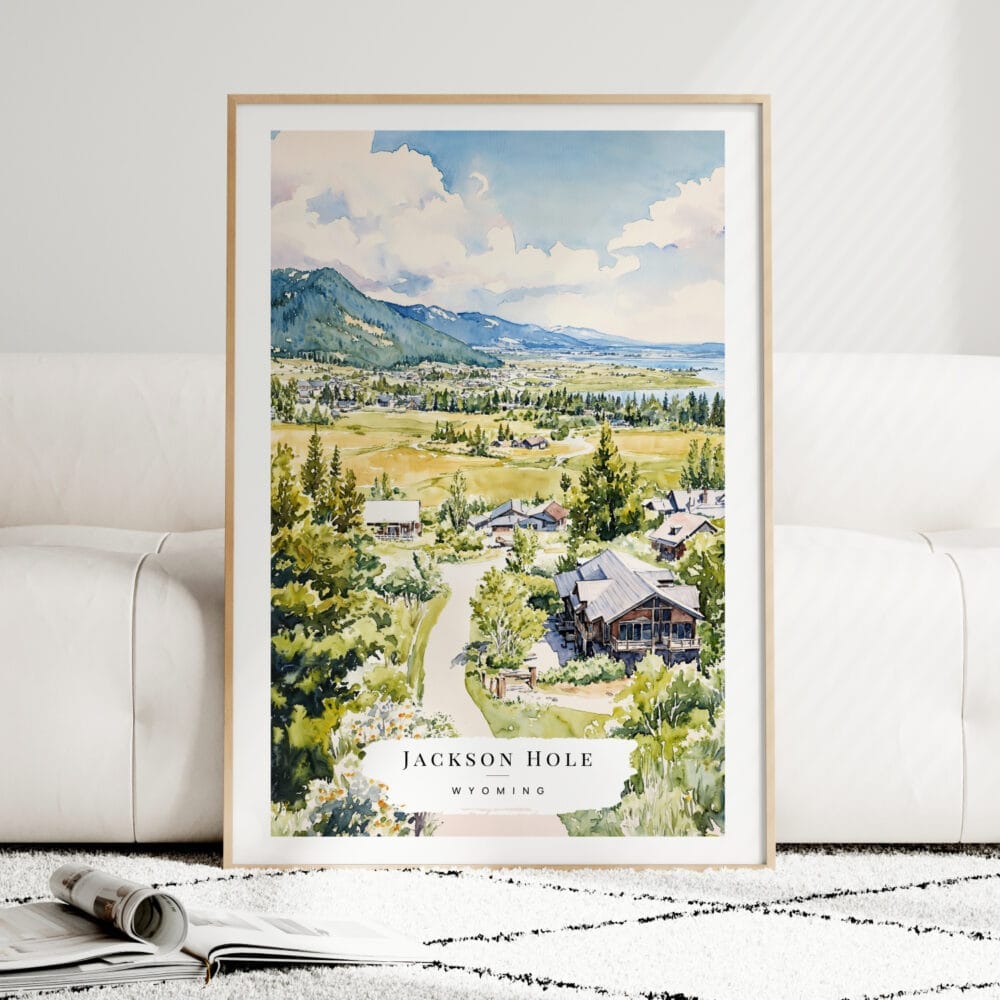Jackson Hole Wyoming Watercolor Art Print - Wood Frame standing on Floor Jackson Hole Wyoming Watercolor Art Print - Wood Frame standing on Floor