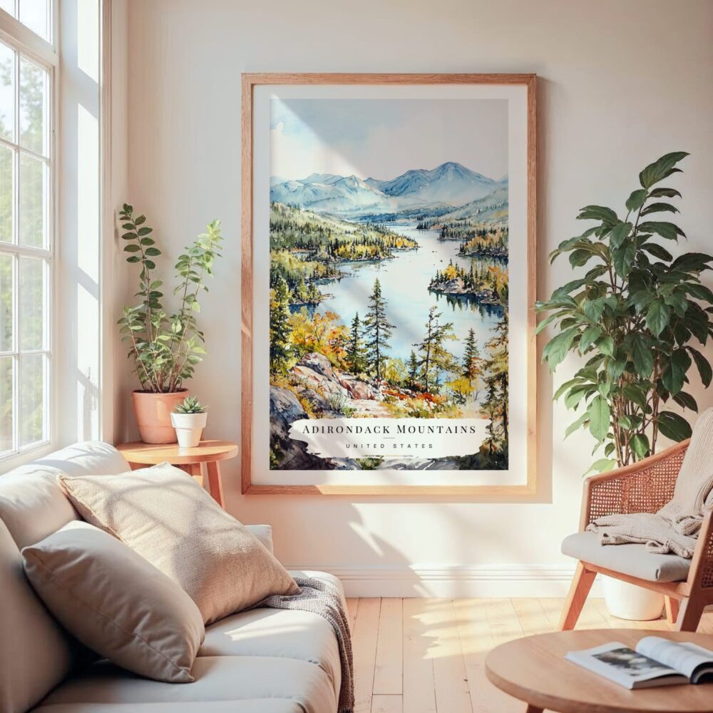 Large Framed Adirondack Mountains Watercolor Wall Art - Cozy Living Room - Portrait Large Framed Adirondack Mountains Watercolor Wall Art - Cozy Living Room - Portrait
