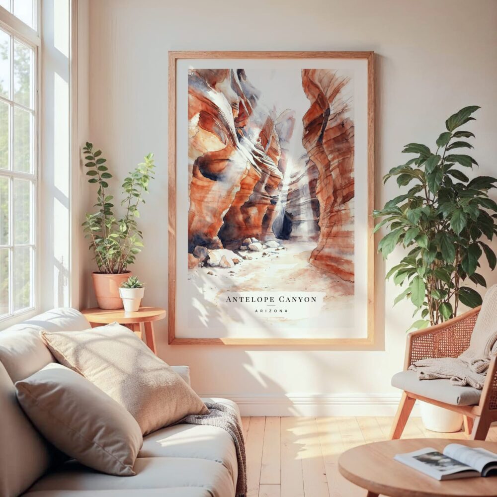 Large Framed Antelope Canyon Watercolor Wall Art - Cozy Living Room - Portrait Large Framed Antelope Canyon Watercolor Wall Art - Cozy Living Room - Portrait