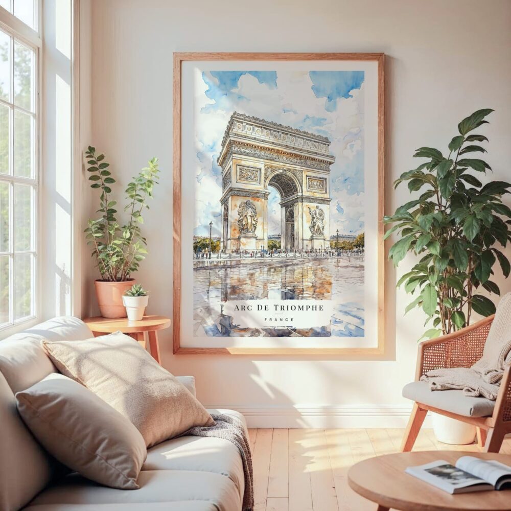 Large Framed Arc De Triomphe Watercolor Wall Art - Cozy Living Room - Portrait Large Framed Arc De Triomphe Watercolor Wall Art - Cozy Living Room - Portrait