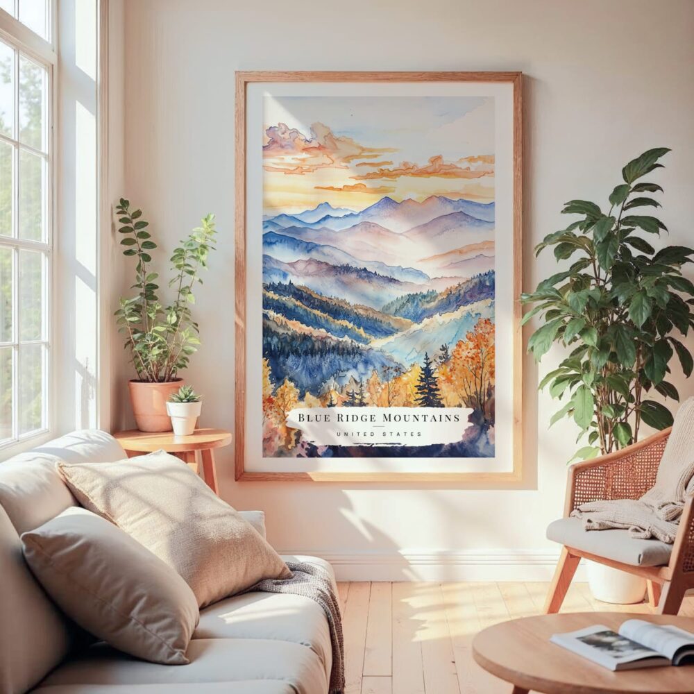 Large Framed Blue Ridge Mountains Watercolor Wall Art - Cozy Living Room - Portrait Large Framed Blue Ridge Mountains Watercolor Wall Art - Cozy Living Room - Portrait
