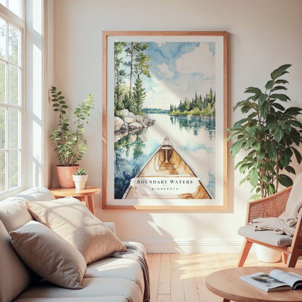 Large Framed Boundary Waters Minnesota Watercolor Wall Art - Cozy Living Room - Portrait Large Framed Boundary Waters Minnesota Watercolor Wall Art - Cozy Living Room - Portrait