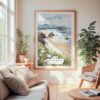 Large Framed Cannon Beach Oregon Watercolor Wall Art - Cozy Living Room - Portrait