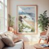 Large Framed Cannon Beach Oregon Watercolor Wall Art - Cozy Living Room - Portrait