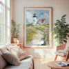 Large Framed Cape Cod Nobska Lighthouse Watercolor Wall Art - Cozy Living Room - Portrait