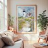 Large Framed Cape Cod Nobska Lighthouse Watercolor Wall Art - Cozy Living Room - Portrait