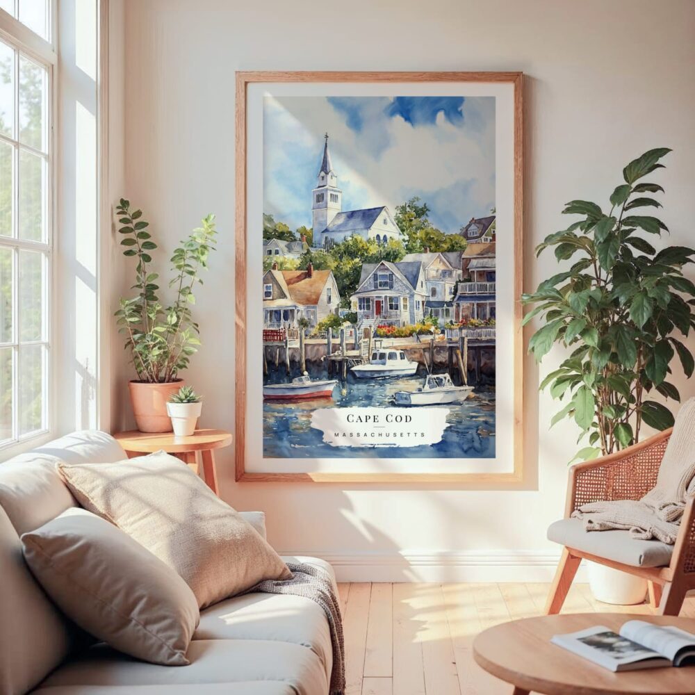 Large Framed Cape Cod Watercolor Wall Art - Cozy Living Room - Portrait Large Framed Cape Cod Watercolor Wall Art - Cozy Living Room - Portrait