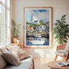 Large Framed Cape Cod Watercolor Wall Art - Cozy Living Room - Portrait