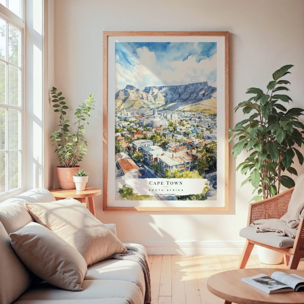 Large Framed Cape Town Watercolor Wall Art - Cozy Living Room - Portrait Large Framed Cape Town Watercolor Wall Art - Cozy Living Room - Portrait