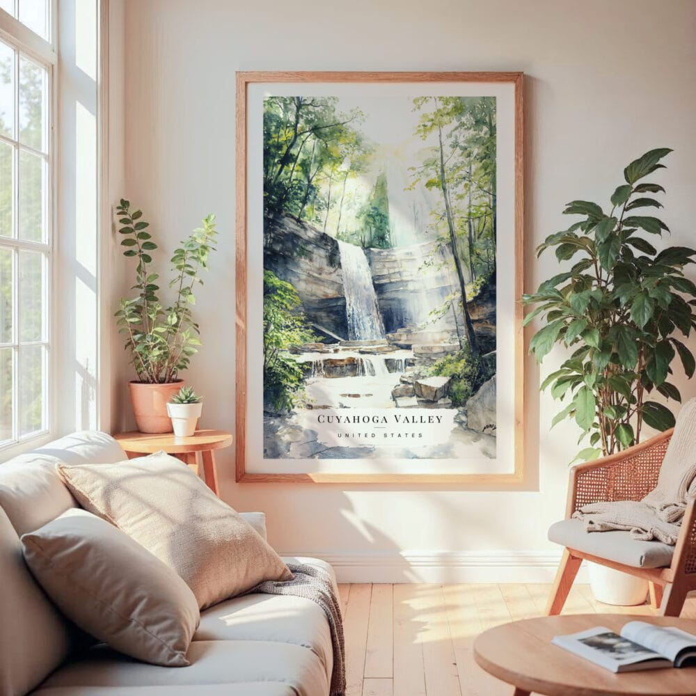 Large Framed Cuyahoga Valley National Park Watercolor Wall Art - Cozy Living Room - Portrait Large Framed Cuyahoga Valley National Park Watercolor Wall Art - Cozy Living Room - Portrait