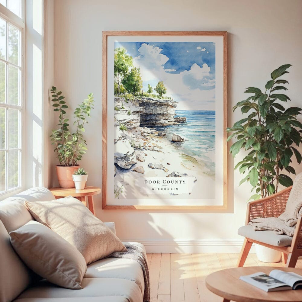 Large Framed Door County Wisconsin Watercolor Wall Art - Cozy Living Room - Portrait Large Framed Door County Wisconsin Watercolor Wall Art - Cozy Living Room - Portrait