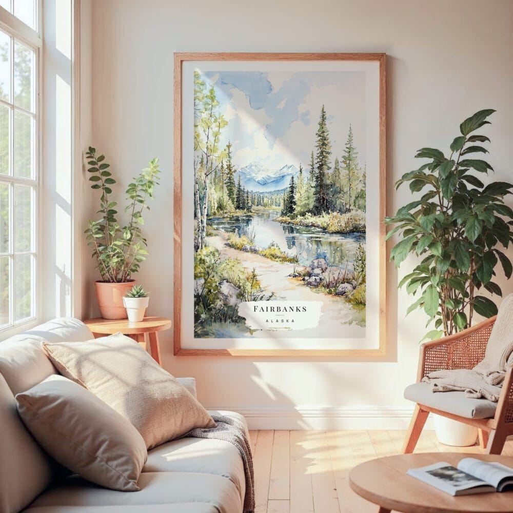 Large Framed Fairbanks Alaska Nature Watercolor Wall Art - Cozy Living Room - Portrait Large Framed Fairbanks Alaska Nature Watercolor Wall Art - Cozy Living Room - Portrait