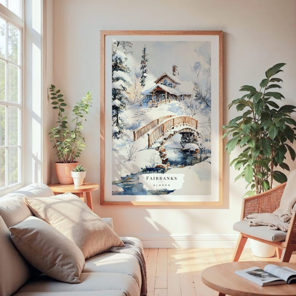 Large Framed Fairbanks Alaska Winter Watercolor Wall Art - Cozy Living Room - Portrait Large Framed Fairbanks Alaska Winter Watercolor Wall Art - Cozy Living Room - Portrait
