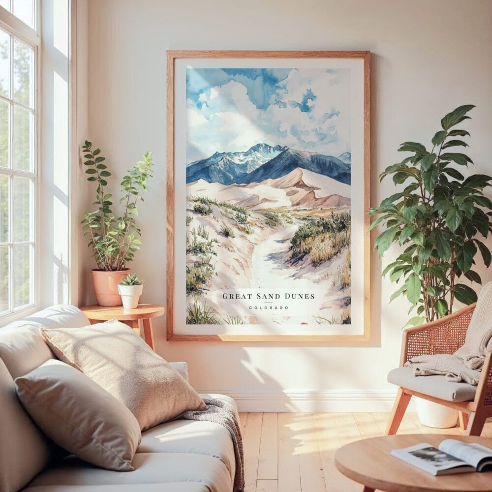 Large Framed Great Sand Dunes Colorado Watercolor Wall Art - Cozy Living Room - Portrait Large Framed Great Sand Dunes Colorado Watercolor Wall Art - Cozy Living Room - Portrait