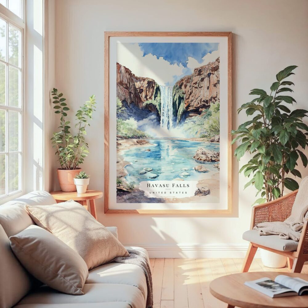Large Framed Havasu Falls Watercolor Wall Art - Cozy Living Room - Portrait Large Framed Havasu Falls Watercolor Wall Art - Cozy Living Room - Portrait