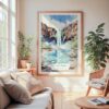 Large Framed Havasu Falls Watercolor Wall Art - Cozy Living Room - Portrait