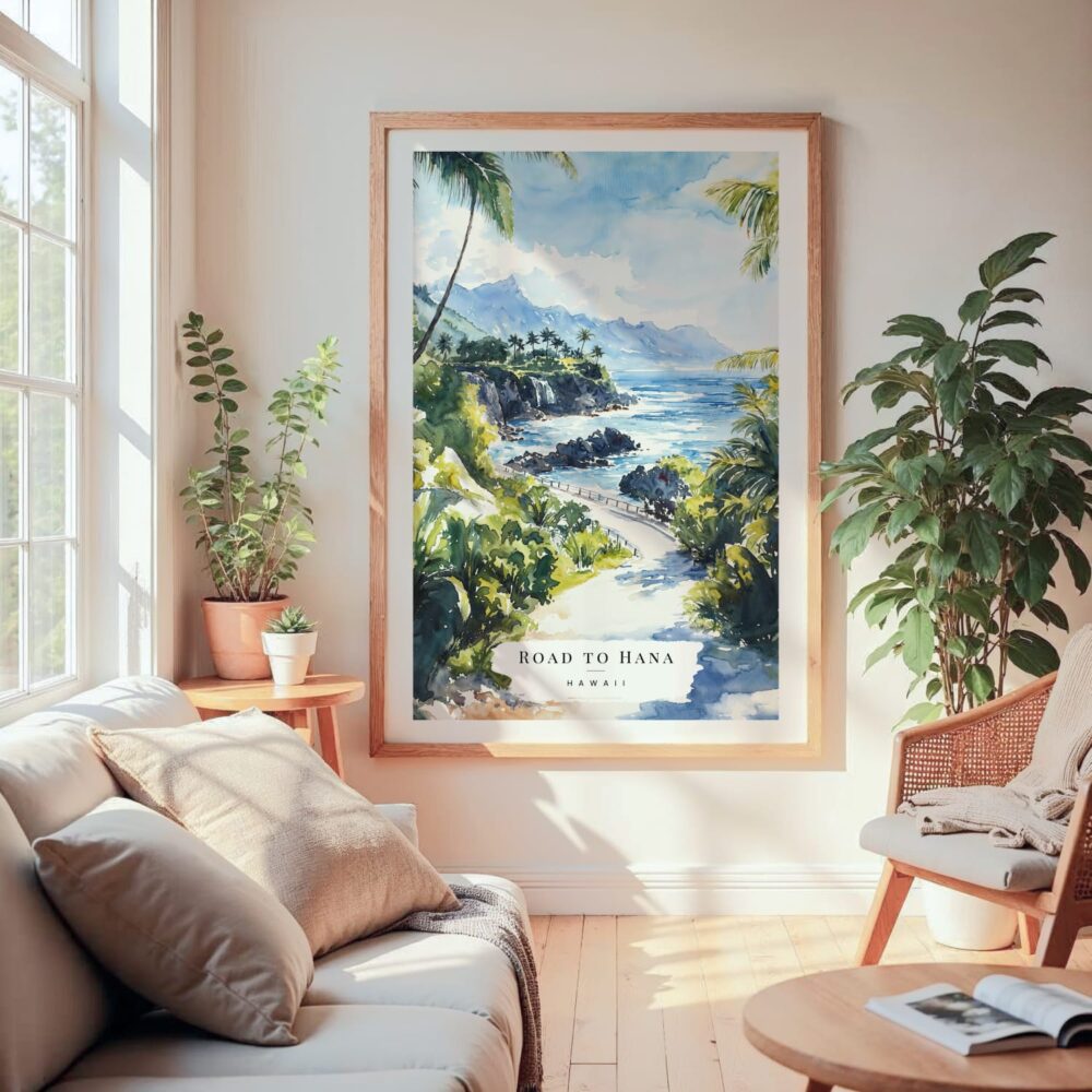 Large Framed Hawaii Road to Hana Watercolor Wall Art - Cozy Living Room - Portrait Large Framed Hawaii Road to Hana Watercolor Wall Art - Cozy Living Room - Portrait