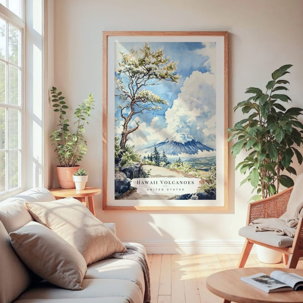 Large Framed Hawaii Volcanoes National Park Watercolor Wall Art - Cozy Living Room - Portrait Large Framed Hawaii Volcanoes National Park Watercolor Wall Art - Cozy Living Room - Portrait