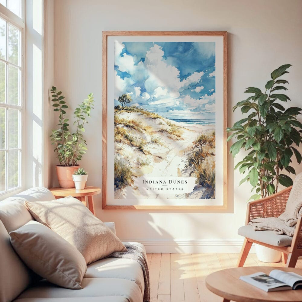 Large Framed Indiana Dunes National Park Watercolor Wall Art - Cozy Living Room - Portrait Large Framed Indiana Dunes National Park Watercolor Wall Art - Cozy Living Room - Portrait