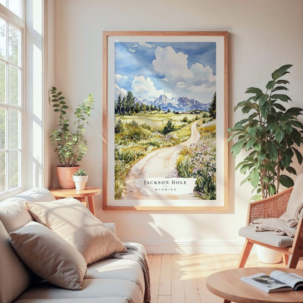 Large Framed Jackson Hole Nature Watercolor Wall Art - Cozy Living Room - Portrait Large Framed Jackson Hole Nature Watercolor Wall Art - Cozy Living Room - Portrait