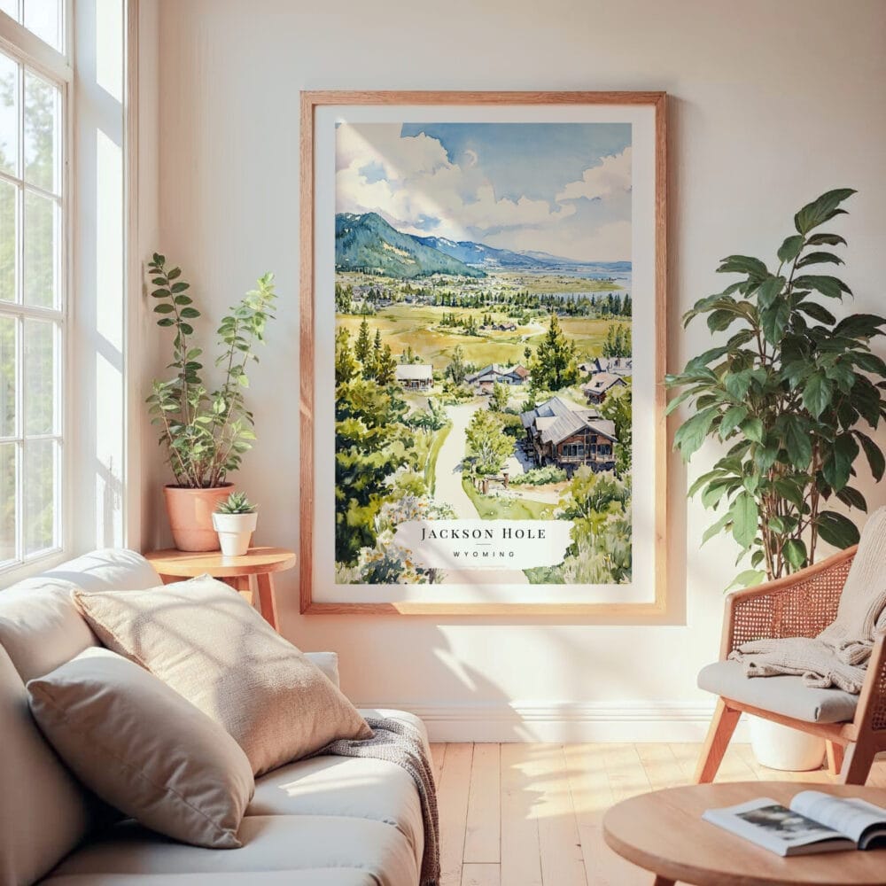 Large Framed Jackson Hole Wyoming Watercolor Wall Art - Cozy Living Room - Portrait Large Framed Jackson Hole Wyoming Watercolor Wall Art - Cozy Living Room - Portrait