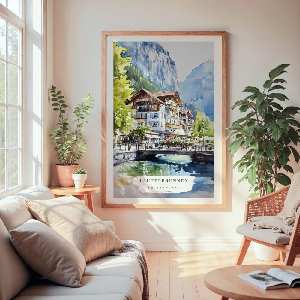 Large Framed Lauterbrunnen Switzerland Watercolor Wall Art - Cozy Living Room - Portrait Large Framed Lauterbrunnen Switzerland Watercolor Wall Art - Cozy Living Room - Portrait