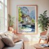 Large Framed Lauterbrunnen Switzerland Watercolor Wall Art - Cozy Living Room - Portrait