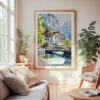 Large Framed Lauterbrunnen Switzerland Watercolor Wall Art - Cozy Living Room - Portrait