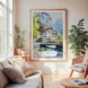 Large Framed Lauterbrunnen Switzerland Watercolor Wall Art - Cozy Living Room - Portrait