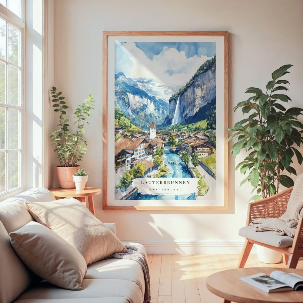 Large Framed Lauterbrunnen Watercolor Wall Art - Cozy Living Room - Portrait Large Framed Lauterbrunnen Watercolor Wall Art - Cozy Living Room - Portrait
