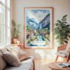 Large Framed Lauterbrunnen Watercolor Wall Art - Cozy Living Room - Portrait