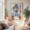 Large Framed Lisbon Streets Watercolor Wall Art - Cozy Living Room - Portrait